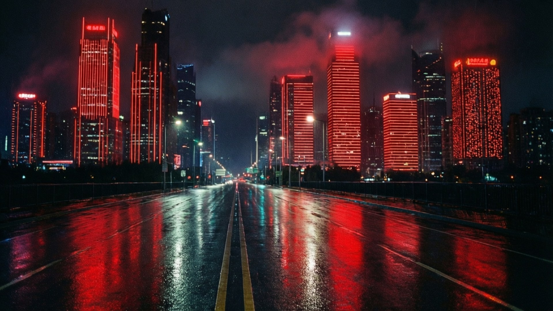 夜晚潮濕的城市街道，在烏雲下反射高樓的紅色霓虹燈光