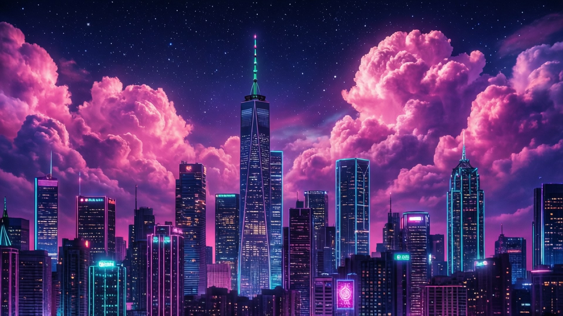 霓虹夜景城市 壁紙 — 未來城市夜景，閃爍的霓虹塔樓，星空下滿是粉紅雲彩。