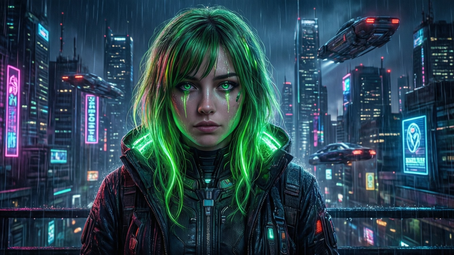 一位擁有發光綠髮和眼淚的賽博龐克女性在雨淋濕的霓虹城市中，周圍有飛天汽車。