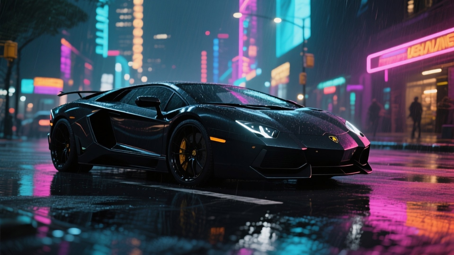 黑色林寶堅尼Aventador在濕潤的城市街道上，霓虹燈下