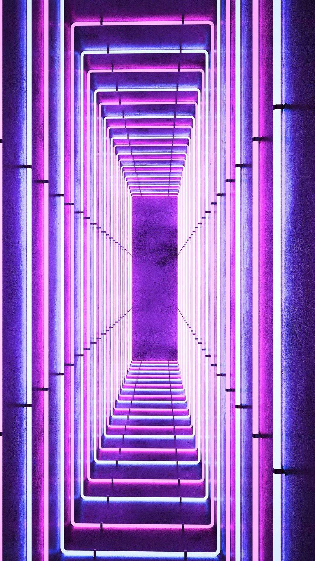霓虹夜生活氣息 壁紙 — 一條迷人的隧道，發光的紫色和藍色霓虹燈向明亮的消失點退去。