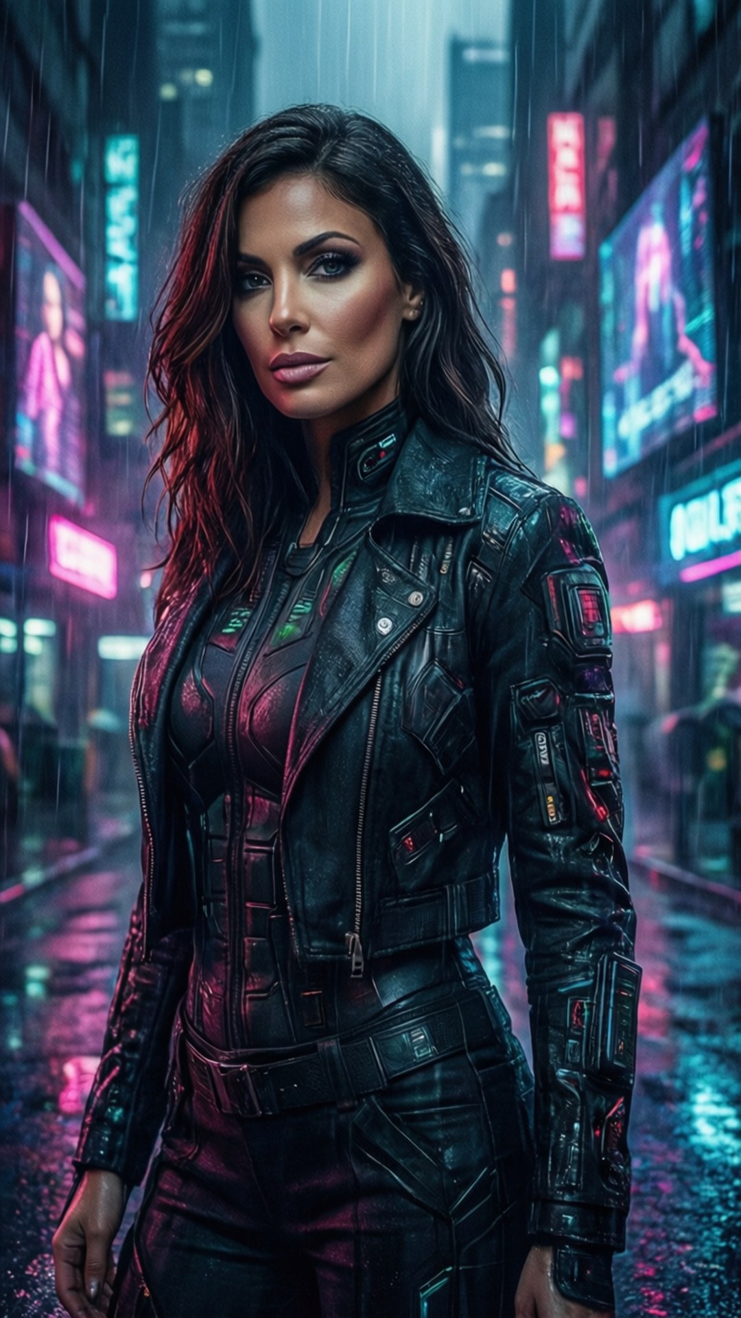 一位身穿皮褸的賽博龐克女性，夜晚站在下雨的霓虹城市中。