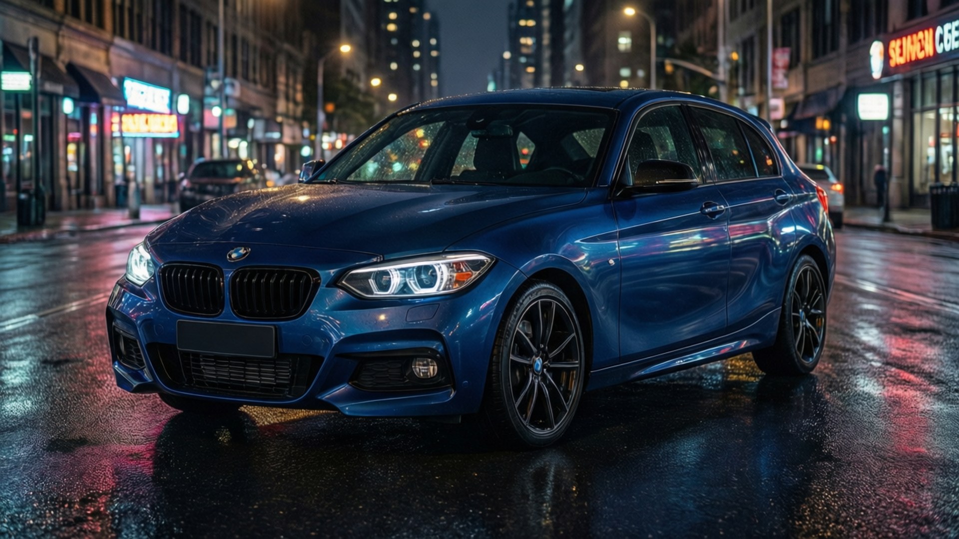 霓虹夜色BMW 壁紙 — 一輛時尚的藍色寶馬轎車在夜間濕漉漉的城市街道上，在霓虹燈下閃閃發光，反射出充滿活力的都市色彩。