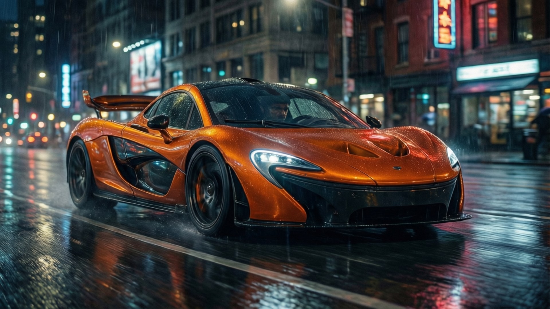橙色McLaren P1在雨夜的城市街道上疾馳，帶有霓虹反射。