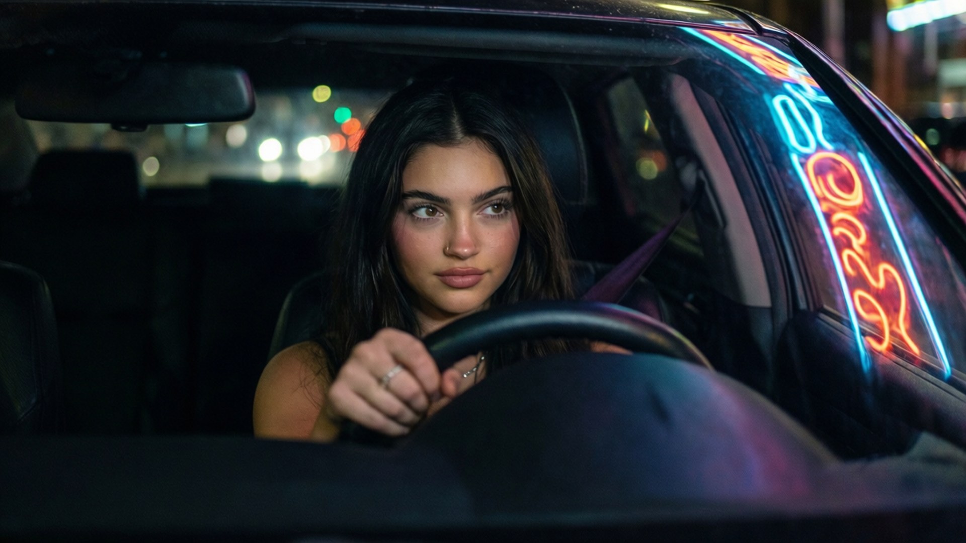 女性夜間駕駛，車窗上霓虹燈閃爍
