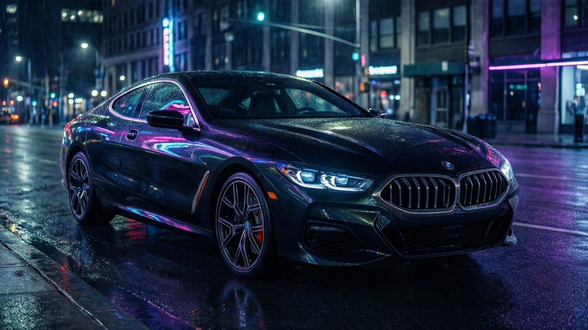 霓虹夜行 壁紙 — 一輛時尚的黑色BMW雙門轎跑車在夜間雨濕的城市街道上，在霓虹燈下閃閃發光。