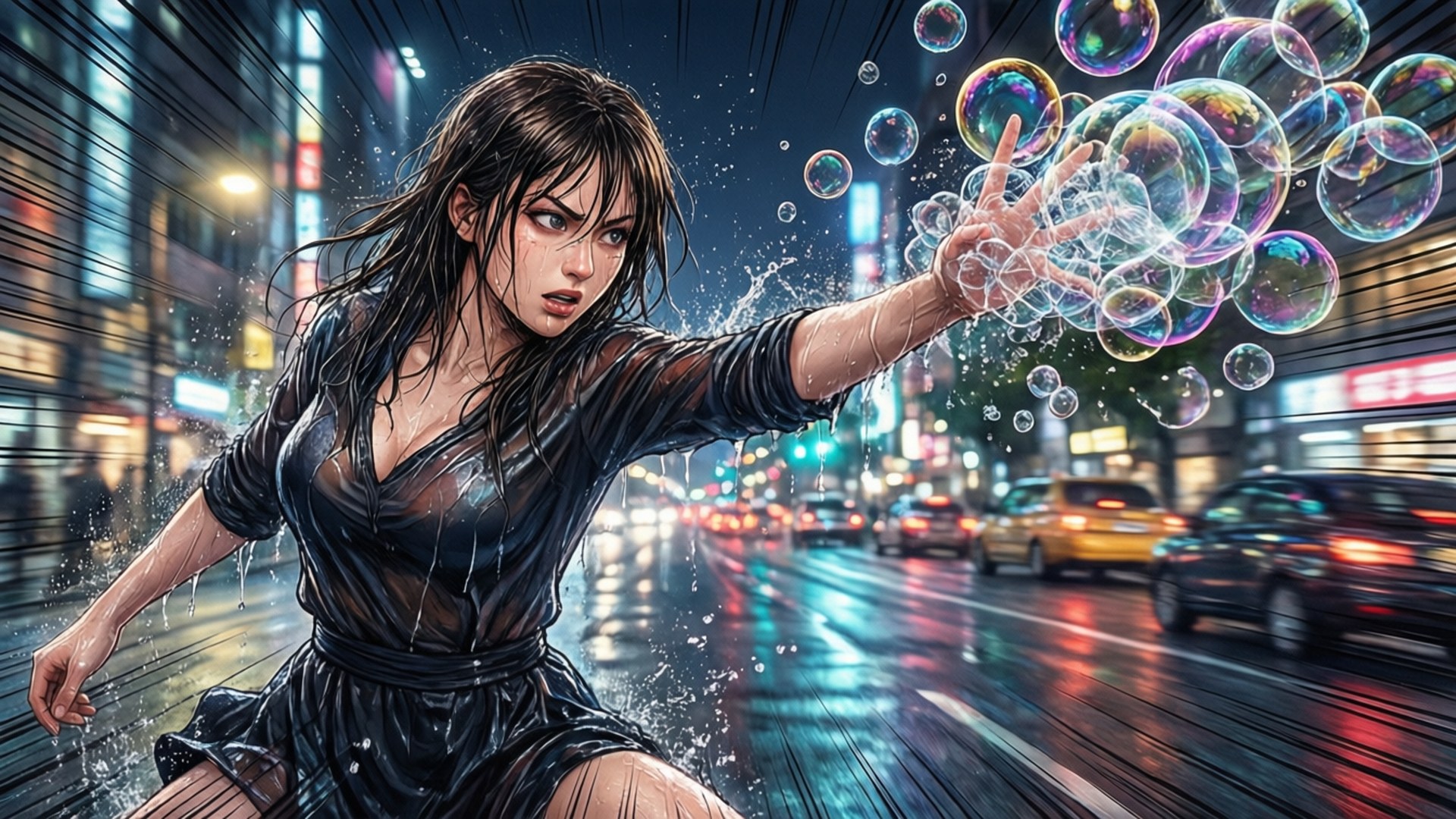 黑裙女人在雨夜霓虹城中創造彩色泡泡。