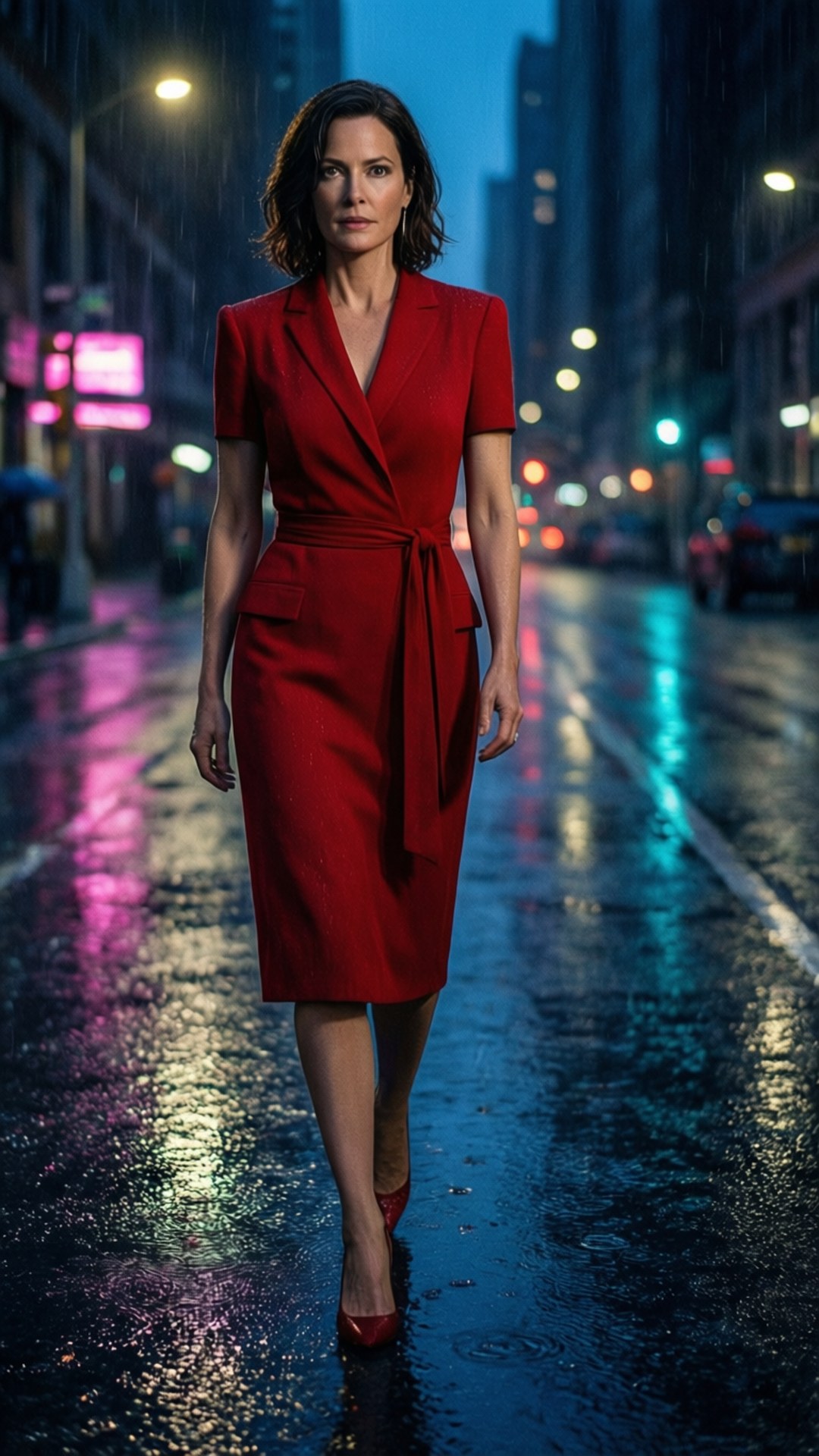 霓虹夜雨 壁紙 — 一位身穿搶眼紅色連衣裙的女性，在夜晚自信地走過被雨水浸濕、霓虹燈閃爍的城市街道。