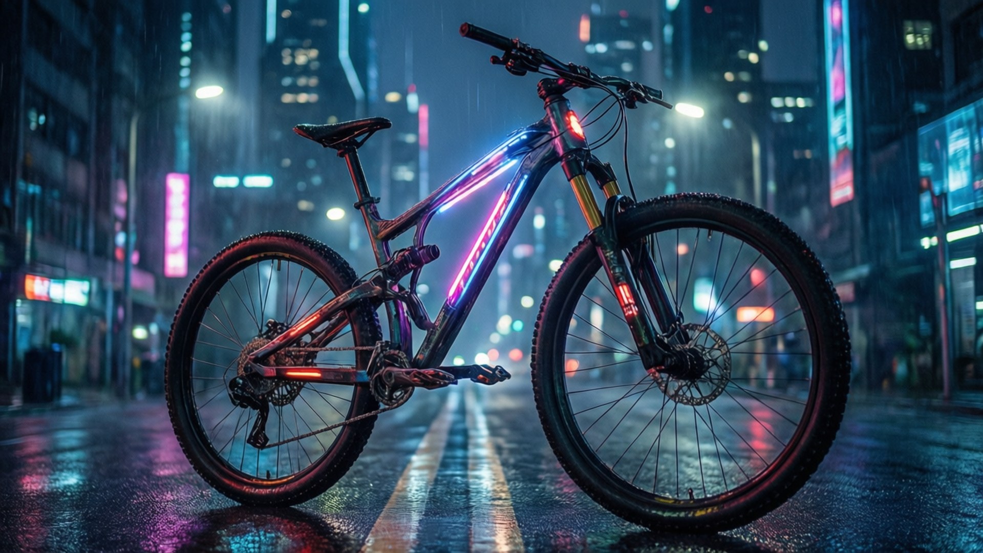 夜間潮濕的城市街道上，一輛發光的山地自行車，霓虹燈反射在人行道上。