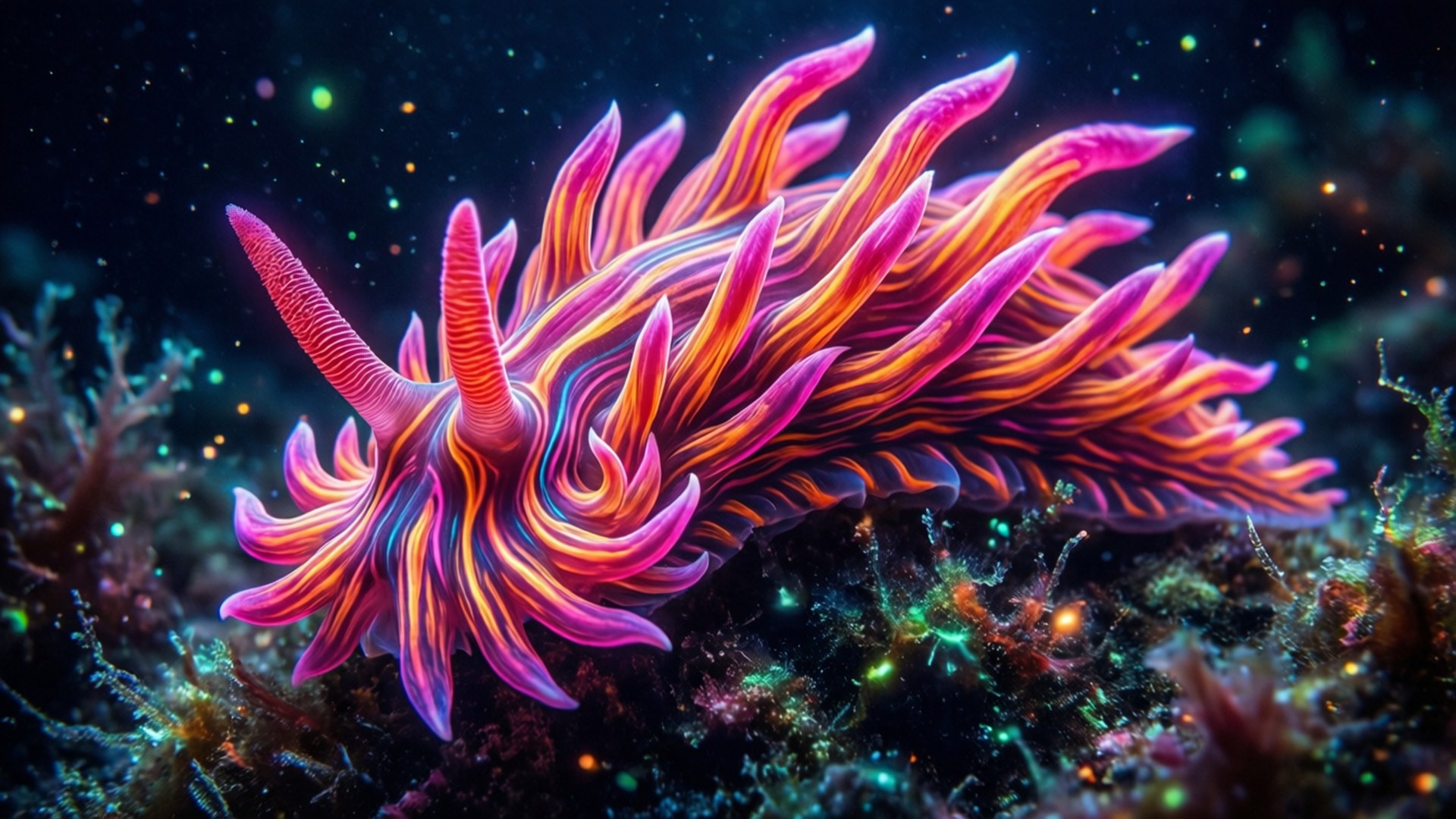 霓虹夢幻海蛞蝓 壁紙 — 一隻充滿活力的螢光粉紅和橙色海蛞蝓在黑暗的海底發光，海底佈滿發光粒子和珊瑚。