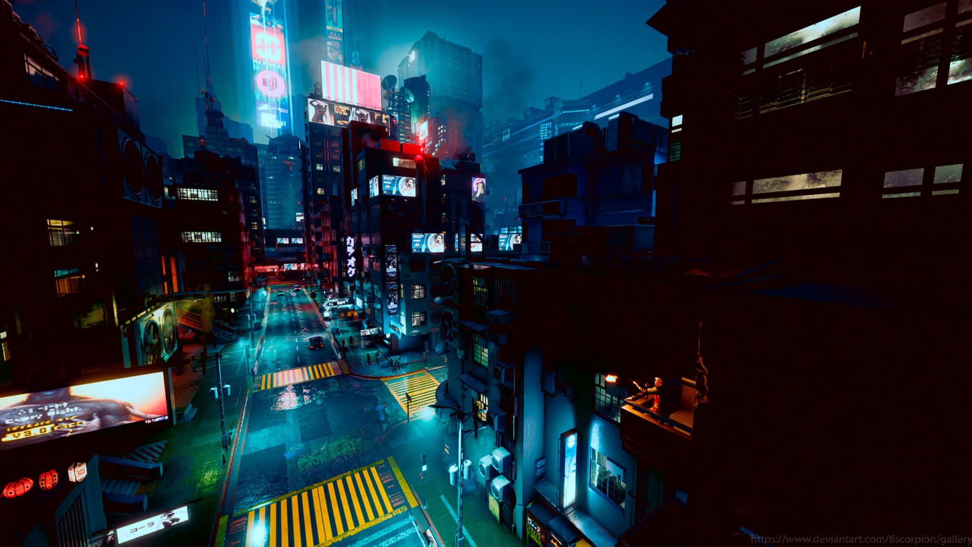 霓虹燈照亮的賽博朋克城市街道，夜晚有發光的標誌和雨水濕滑的瀝青路面。