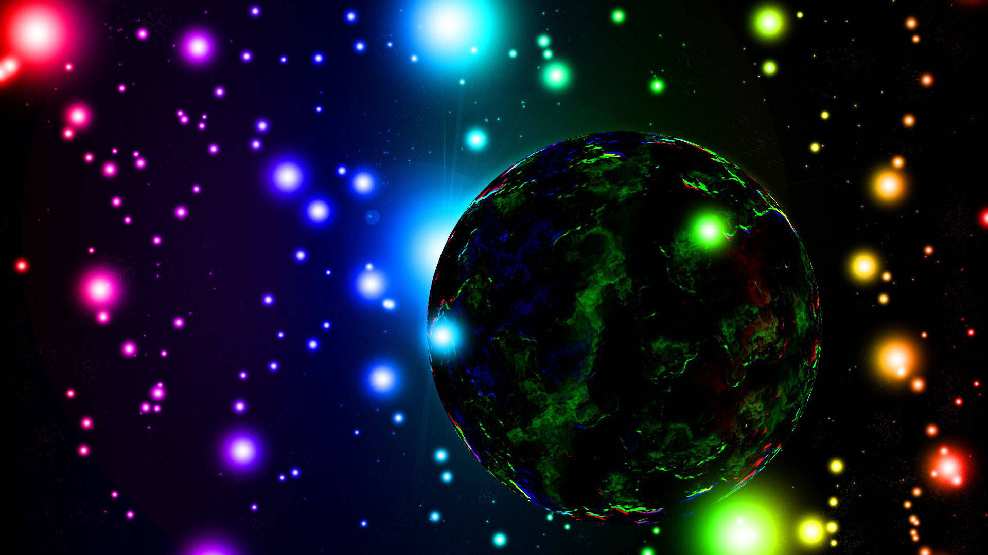 霓虹太空行星最佳桌面 壁紙 — 一顆發光的綠色行星漂浮在充滿多彩恆星的生動宇宙星雲中，背景是黑暗的虛空。