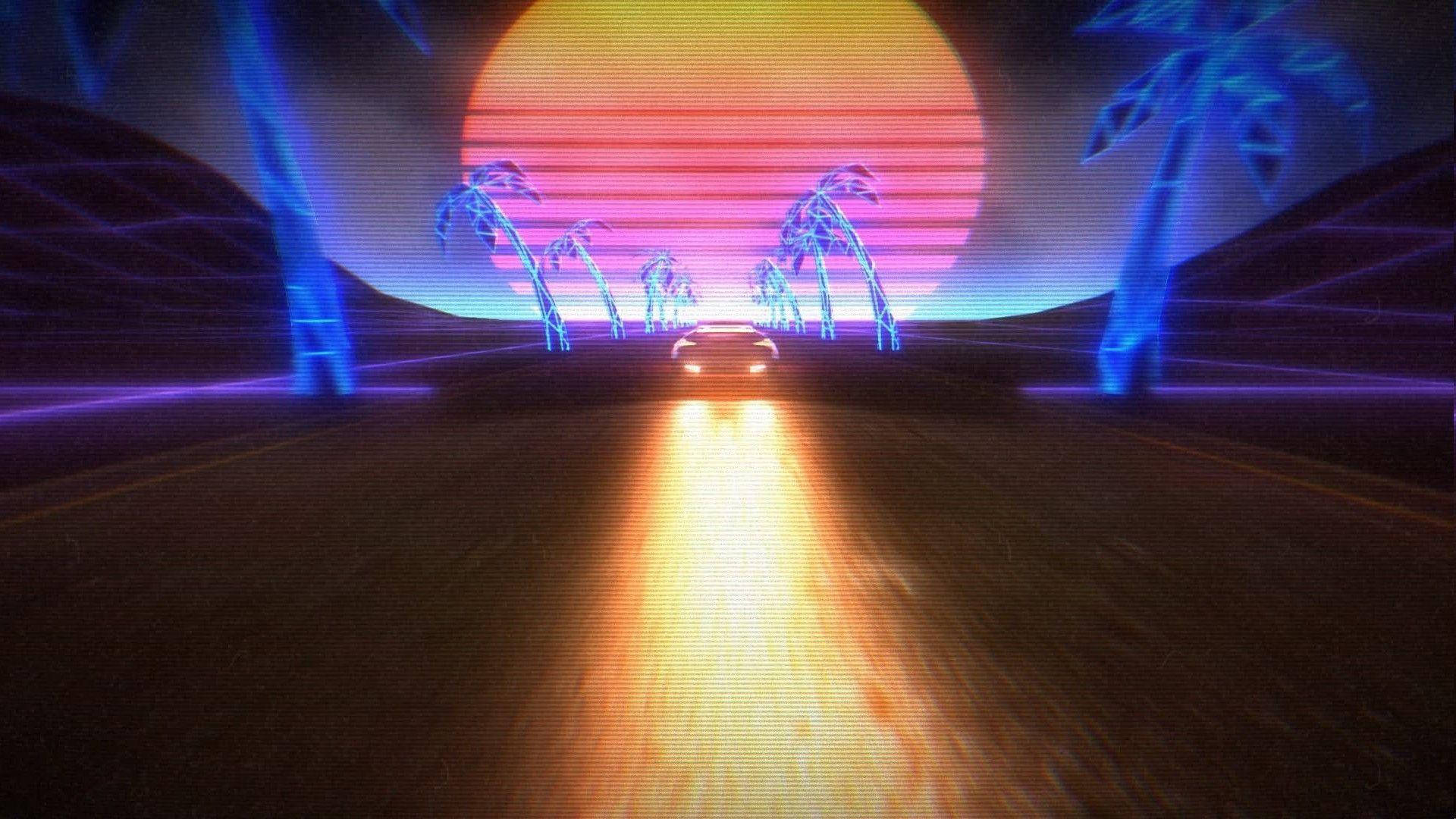 霓虹太陽與跑車 壁紙 — 一輛復古未來主義的汽車在沙漠高速公路上疾馳，背景是發光的日落、霓虹棕櫚樹和數字網格線。