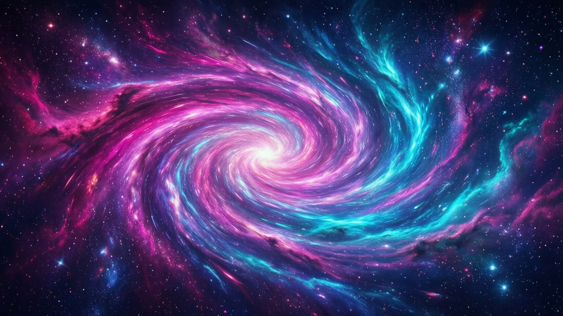 霓虹宇宙漩渦 壁紙 — 一個充滿活力的宇宙螺旋星系，在星空中旋轉著電光粉紅和青色星雲。