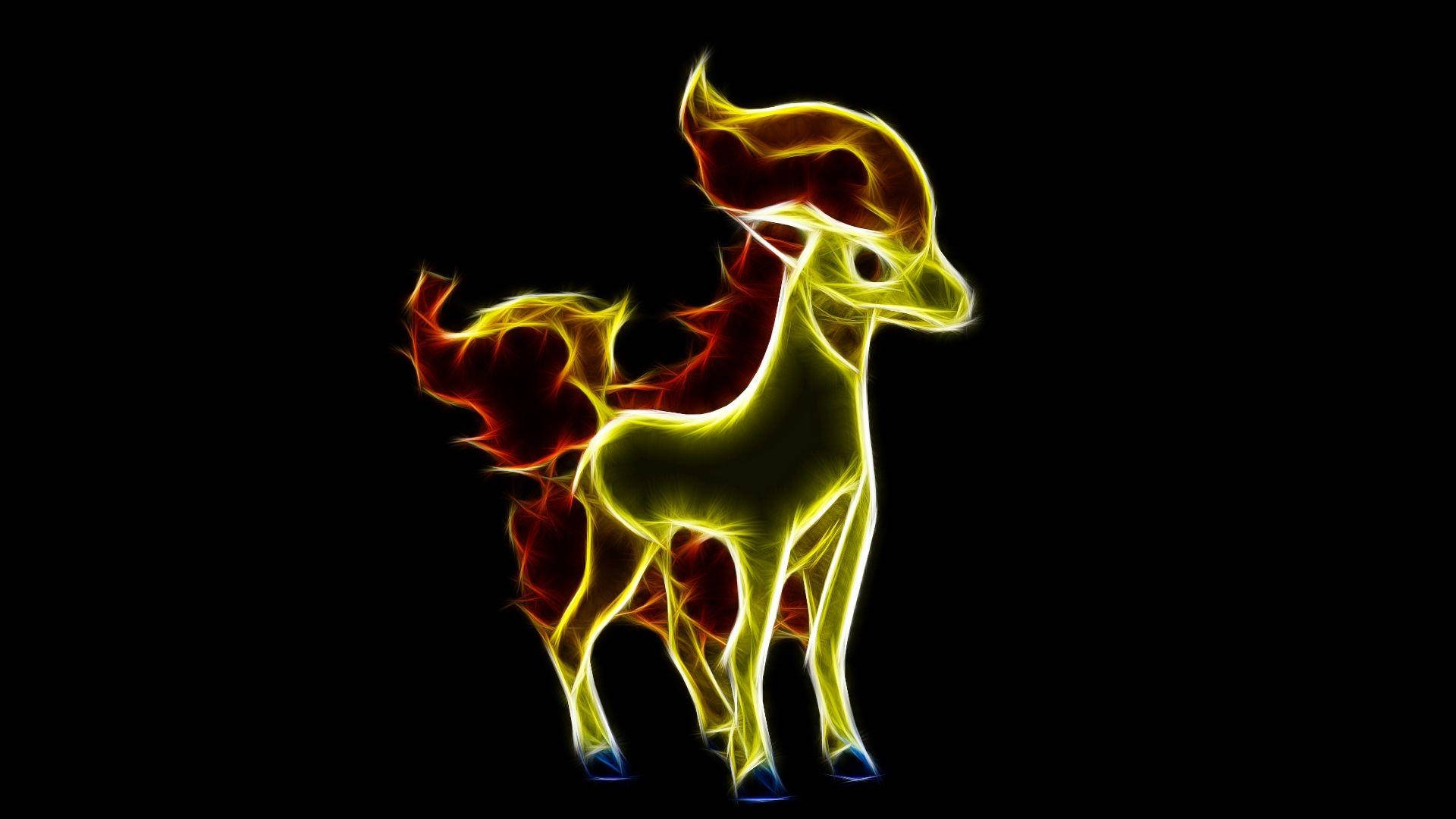 霓虹寶可夢小馬 壁紙 — 一個發光、如火般的鹿形生物，帶有黃色和紅色火焰，在黑色背景上勾勒出輪廓。