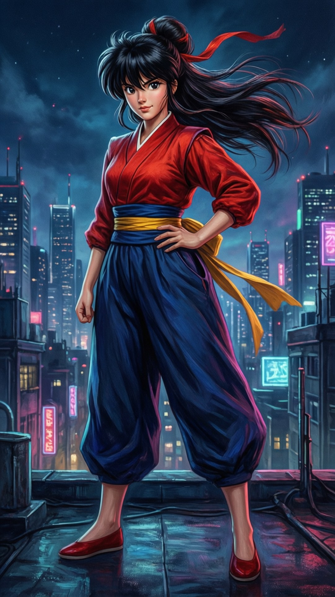 動漫女孩穿著紅藍服裝，夜晚站在城市屋頂上，霓虹燈光中