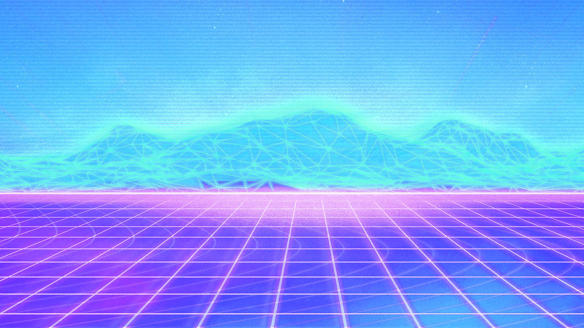 霓虹山景蒸汽波桌面 壁紙 — 在漸變天空下，霓虹網格地板延伸向發光的多邊形山脈，構成復古未來主義的數位景觀。