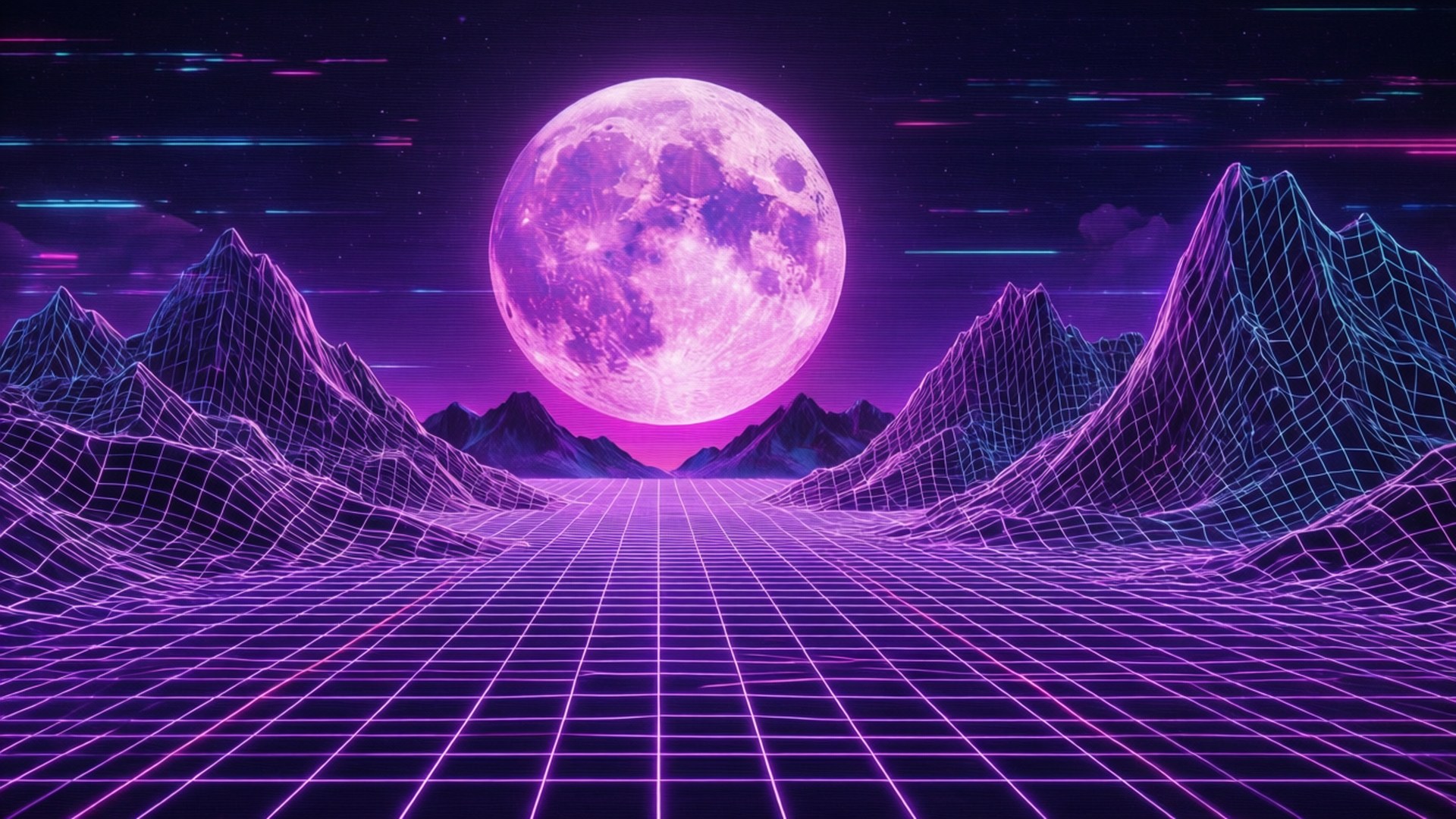 霓虹紫色網格道路通往線框山脈之間的一輪發光月亮，在星空下。