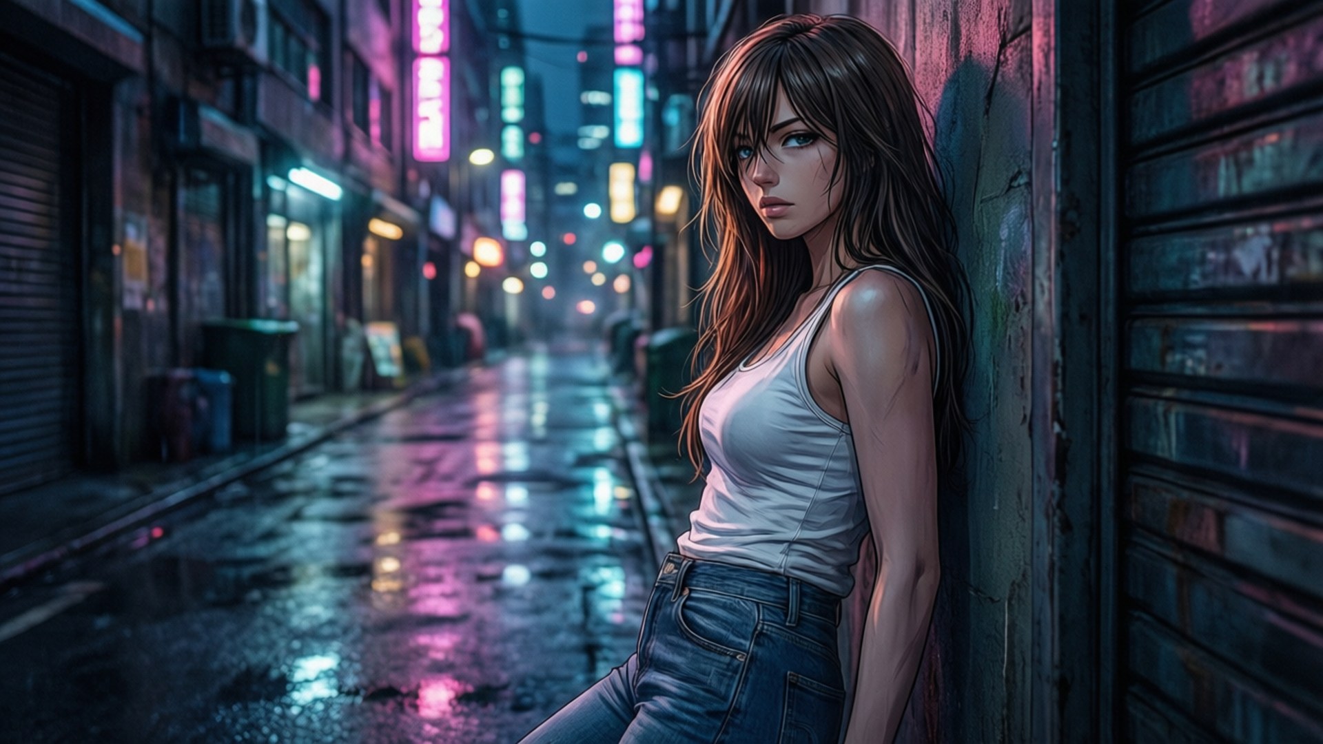 女子在夜晚霓虹燈照亮的雨中小巷靠牆站立。