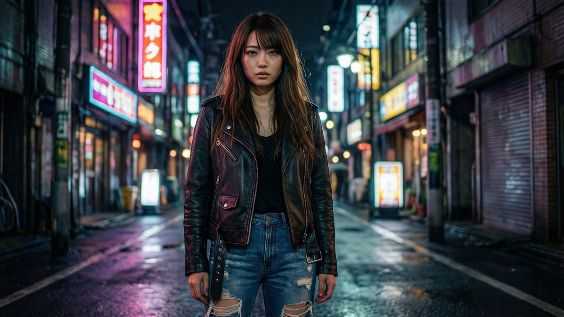 年輕女子穿皮褸站在雨夜霓虹燈城市街道上。