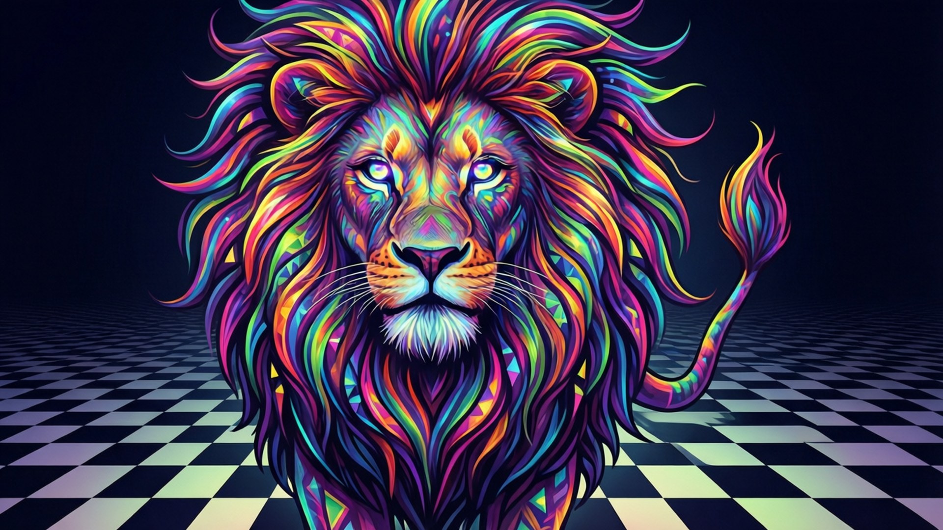 霓虹幾何獅王 壁紙 — 一隻充滿活力的霓虹獅子，擁有五彩斑斕的鬃毛，在黑暗背景下的棋盤格地板上威嚴地站立。