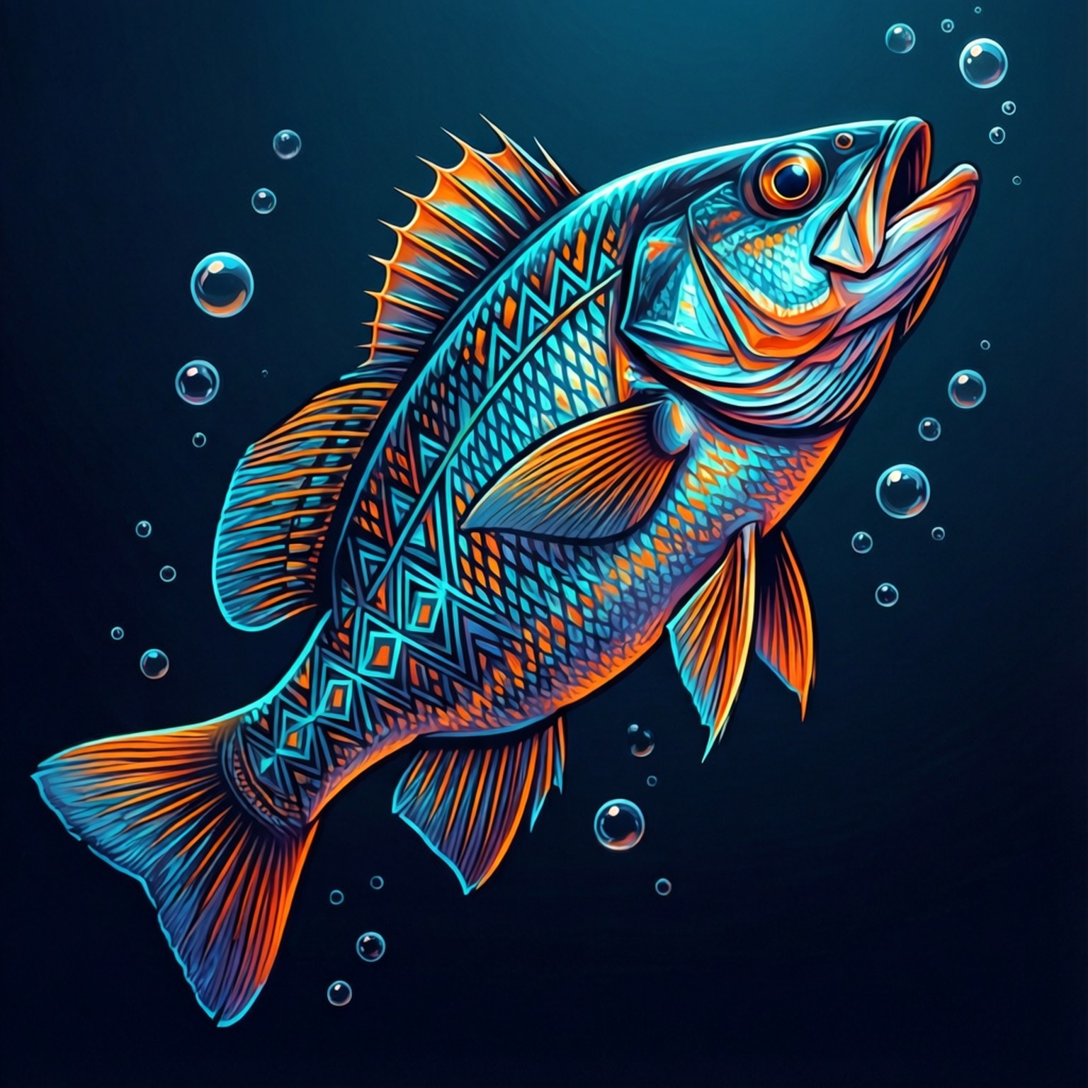 一條帶有部落設計的風格化魚，在帶有氣泡的黑暗水中游泳。