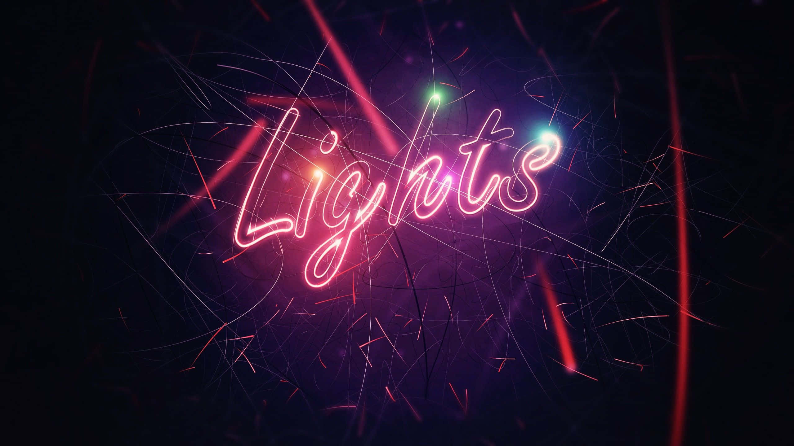 霓虹復古燈光夜景圖像 壁紙 — 「Lights」一詞在帶有電光紅紫火花的黑暗背景上以鮮豔的霓虹字體發光。