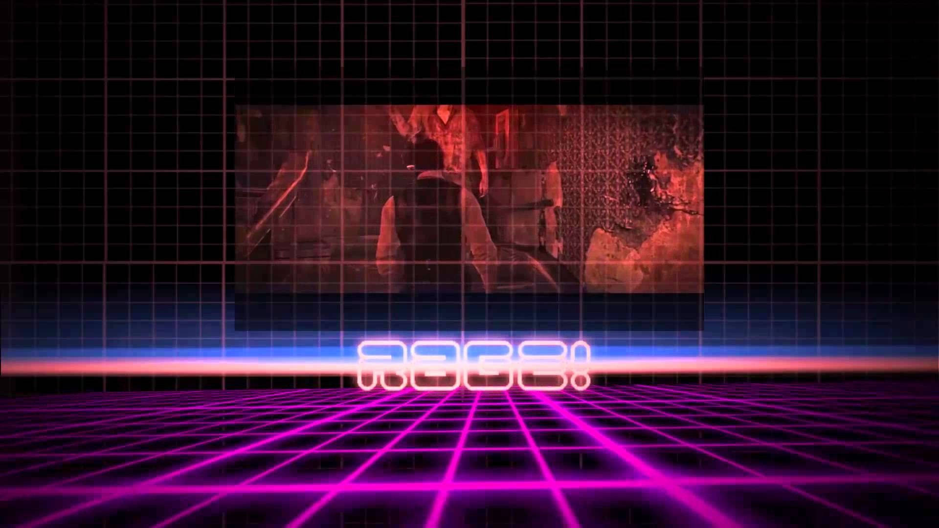 霓虹網格地板，發光文字顯示 RAGE!