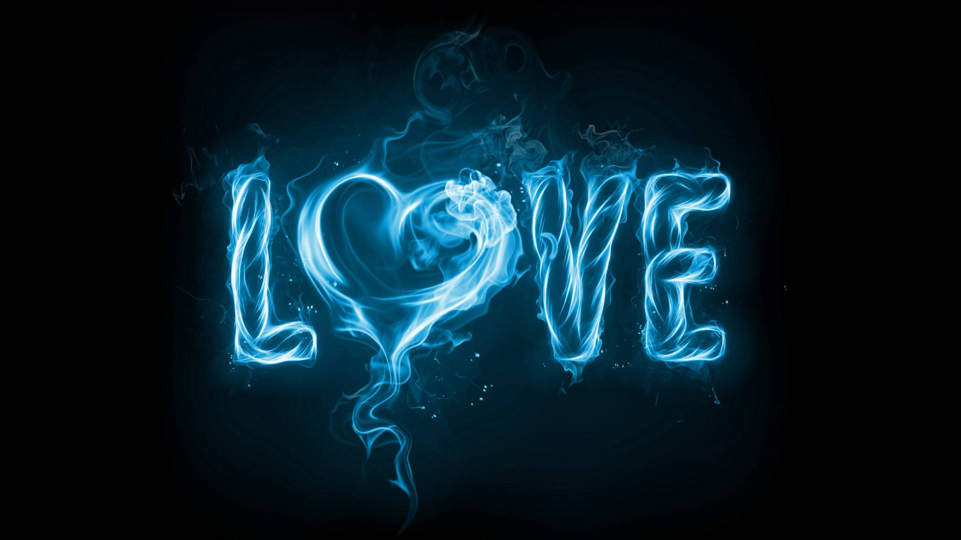 霓虹愛意藝術 壁紙 — 「LOVE」一詞在黑暗背景中以電光藍色煙霧發光，並以心形取代字母O。