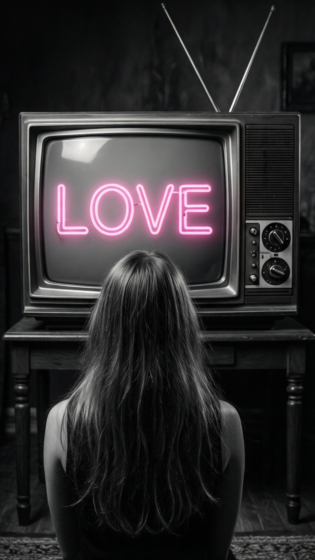 一個人在昏暗的房間裡看著舊電視上的粉紅色霓虹 LOVE 標誌。