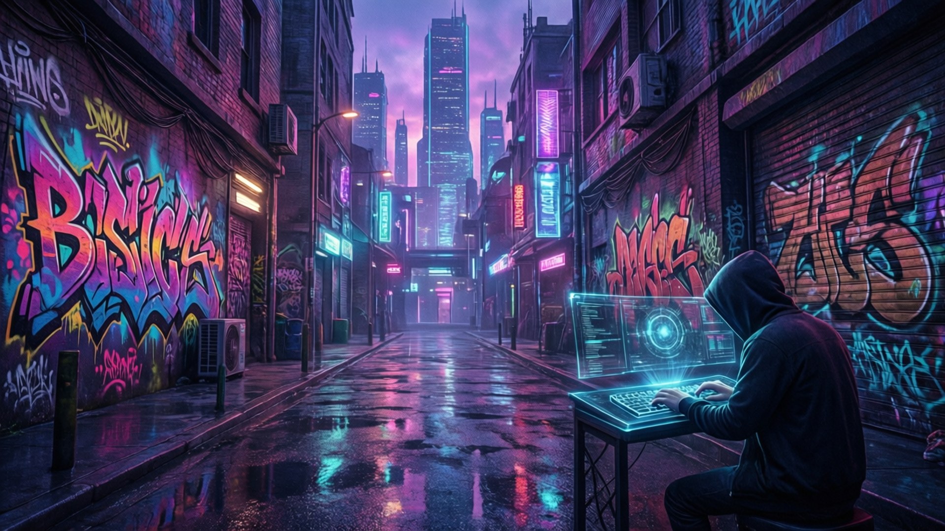 穿著連帽衫的黑客在霓虹燈照亮的雨巷中，在塗鴉牆和摩天大樓背景下，在發光的筆記型電腦上打字。