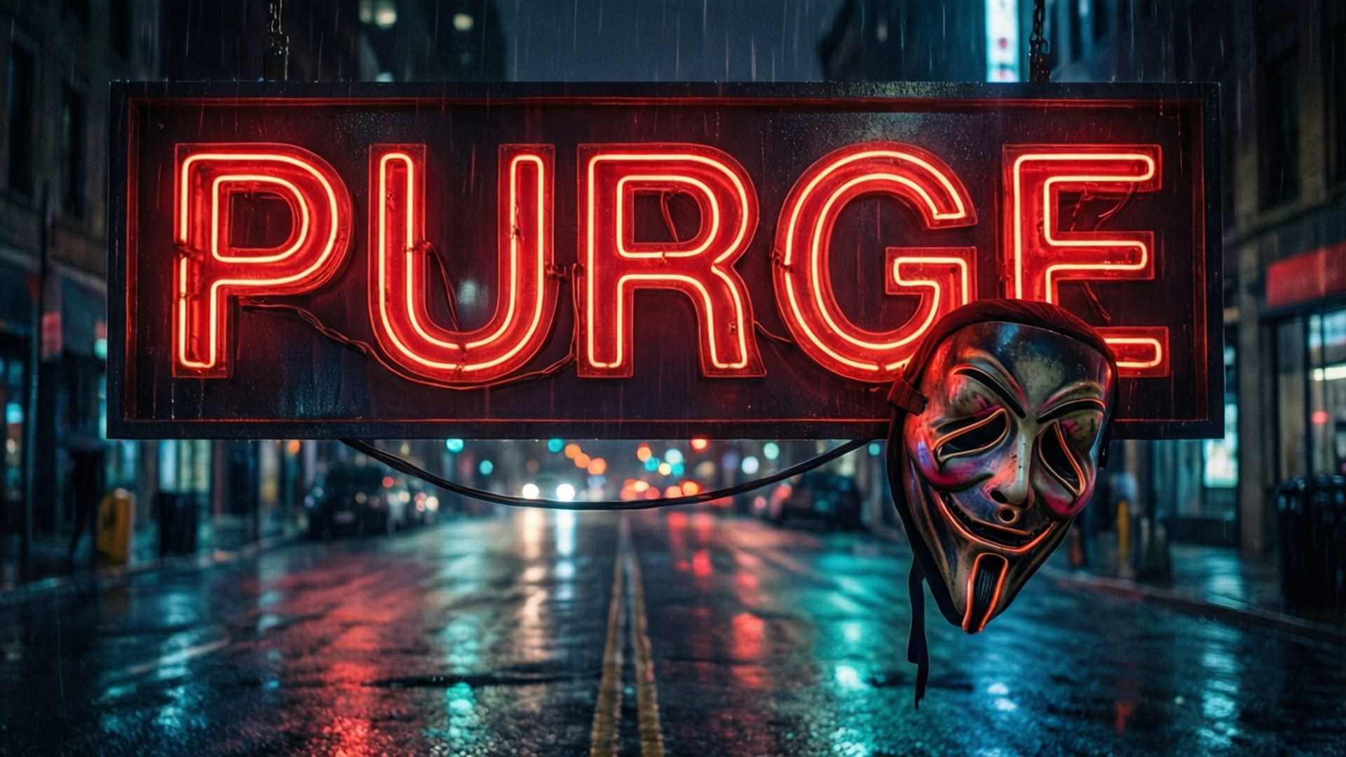 紅色霓虹燈牌寫著PURGE，旁邊懸掛著蓋伊·福克斯面具，在夜間濕漉漉的街道上。