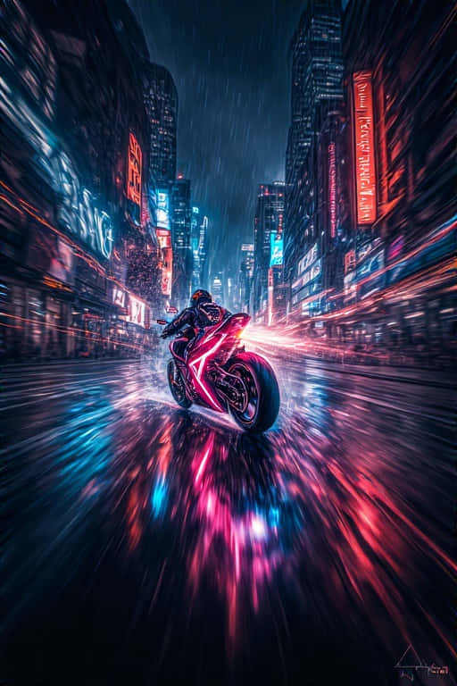 一名騎手在夜間騎著一輛發光的紅色電單車，飛馳在雨水浸透、霓虹燈閃爍的城市街道上。