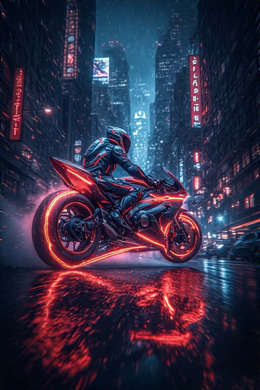 一名騎手在夜間騎著發光的紅色電單車，飛馳在雨水濕滑、霓虹燈閃爍的城市中。