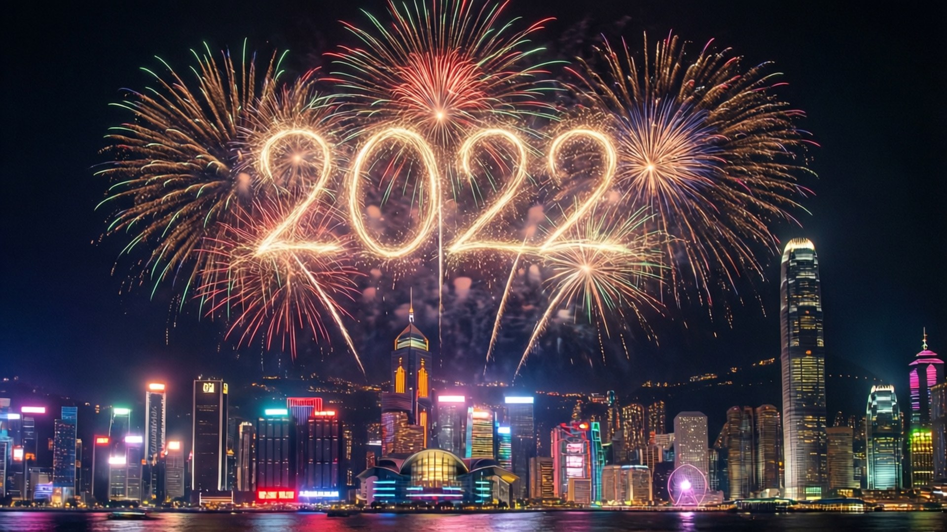 煙花在夜間發光的城市景觀上形成2022年。