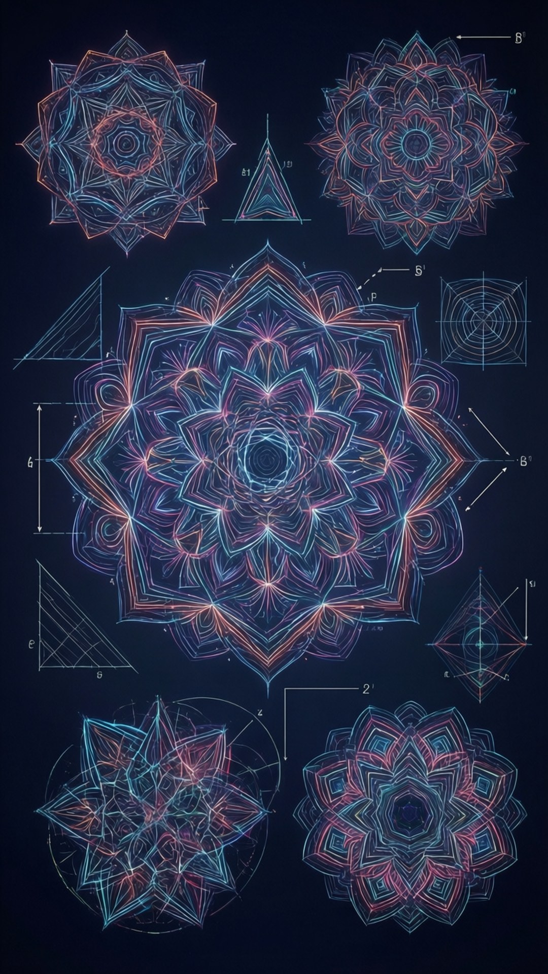 在深藍色背景上帶有數學註釋的發光幾何曼陀羅。
