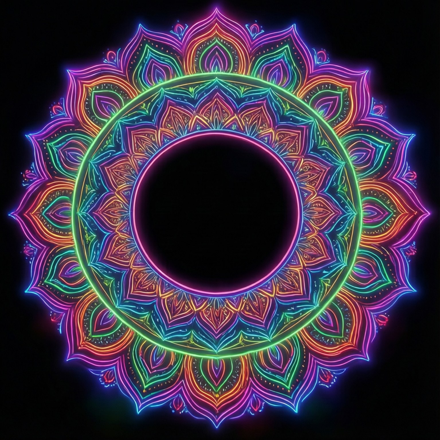 黑色背景上帶有發光花瓣的鮮豔霓虹曼陀羅