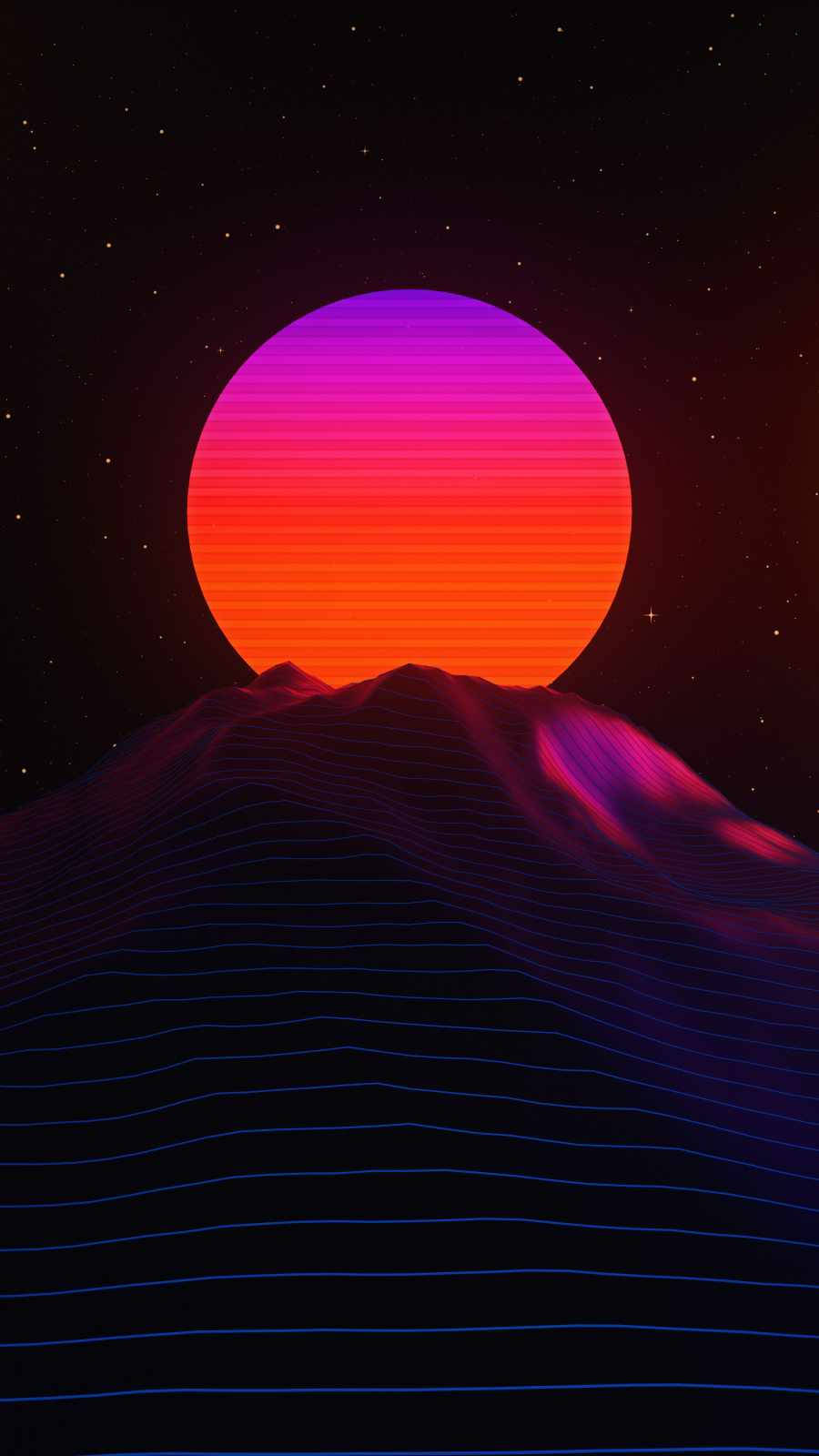 霓虹山脈日落，帶有發光漸變太陽和星空。