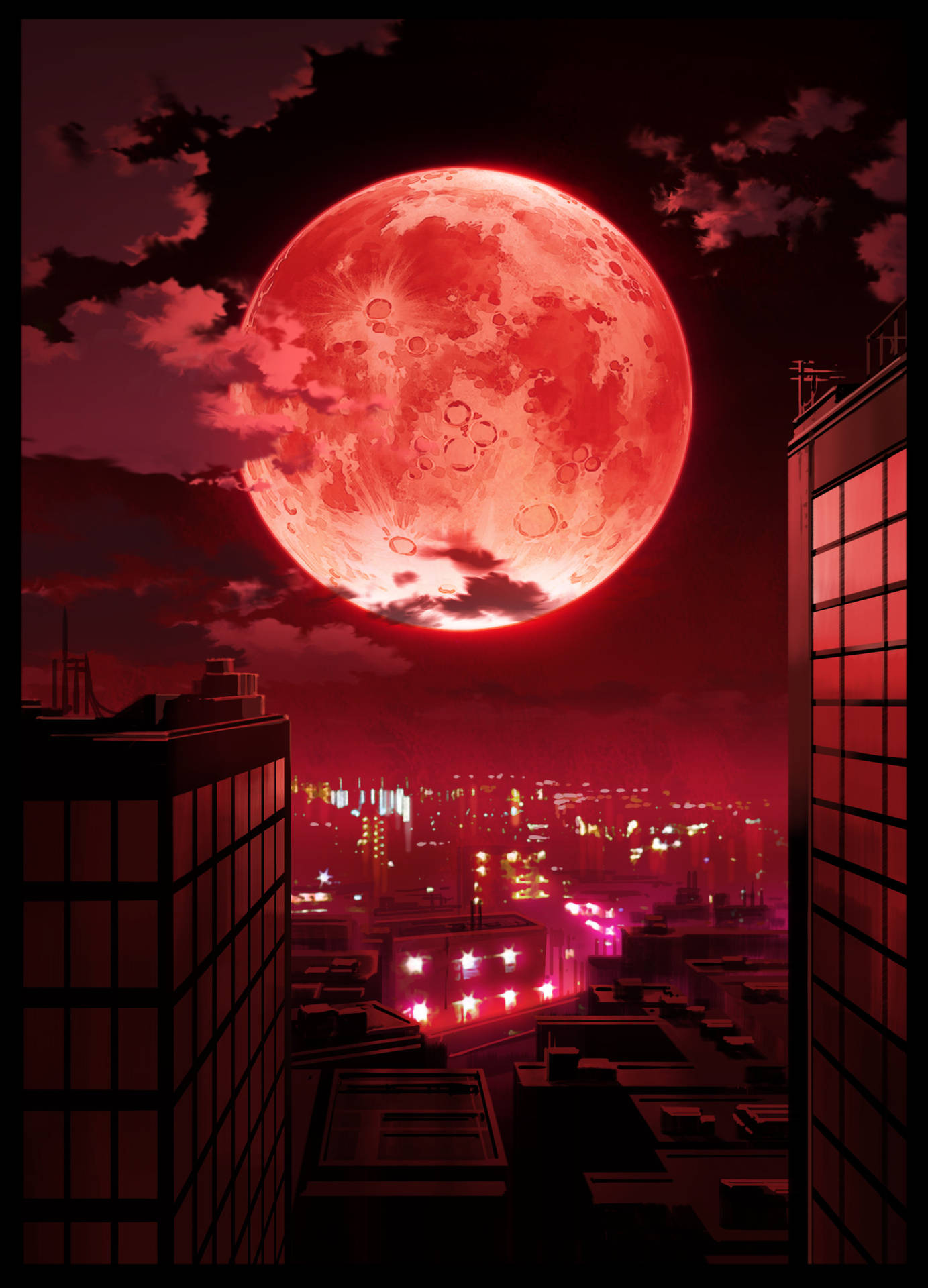 一輪紅月照亮了夜晚黑暗的城市，閃爍的燈光和高聳的建築物。