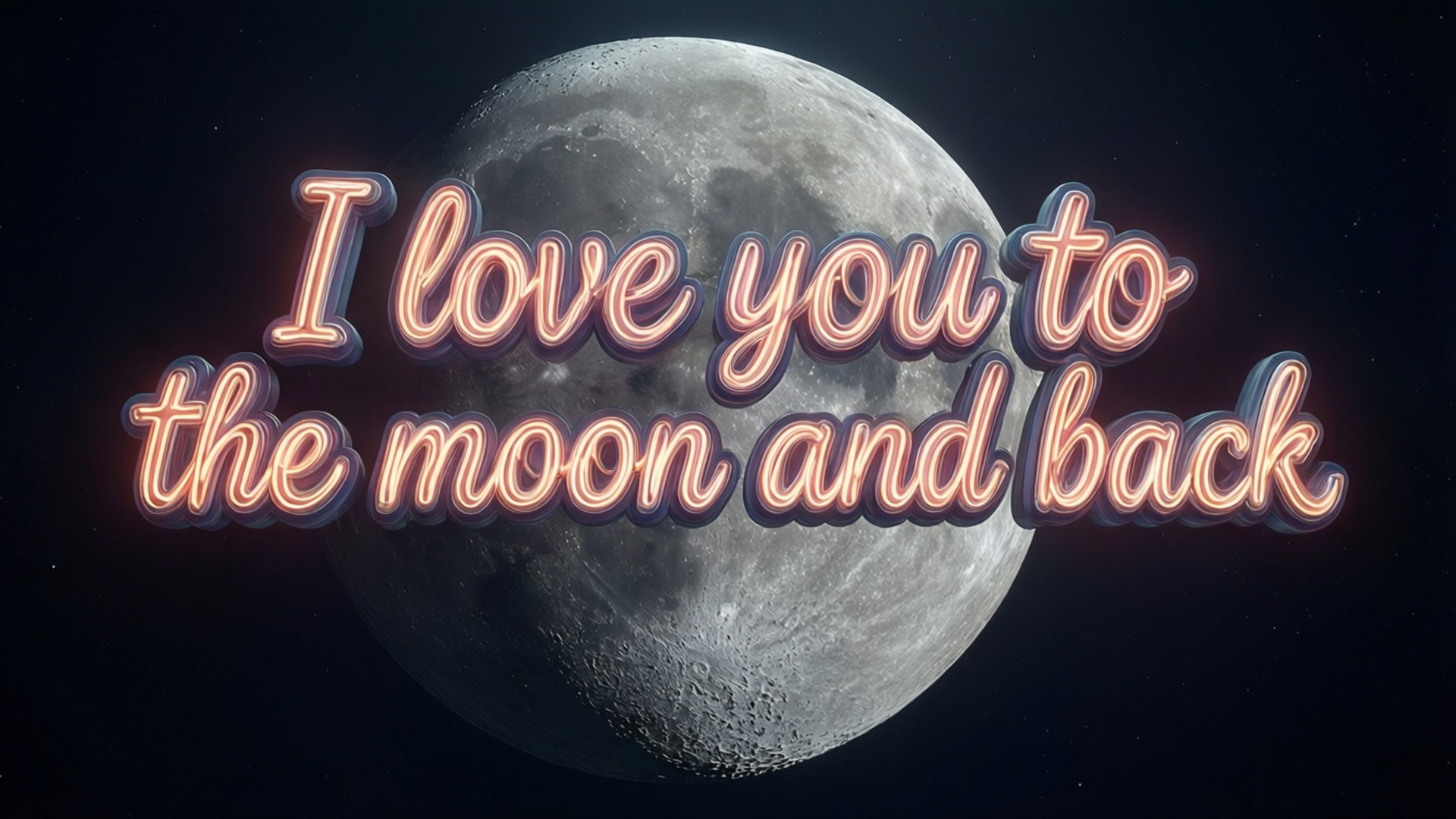 霓虹粉紅色發光文字「I love you to the moon and back」覆蓋在細節豐富的月球上。