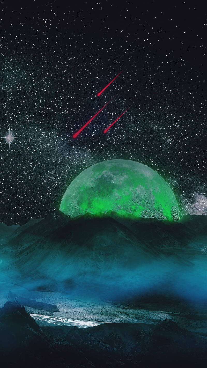 綠色行星在山脈上方升起，紅色流星劃過星空