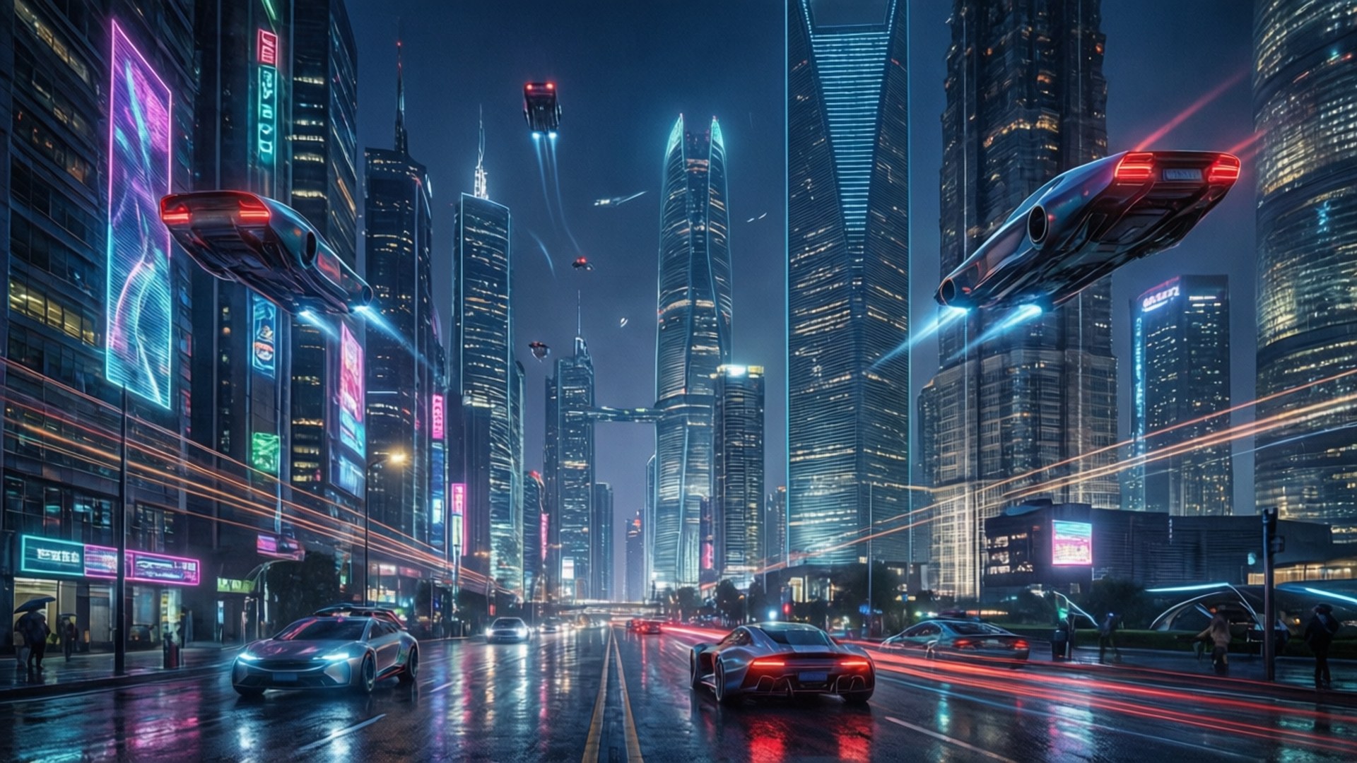 未來城市，有飛天汽車和霓虹燈的夜景