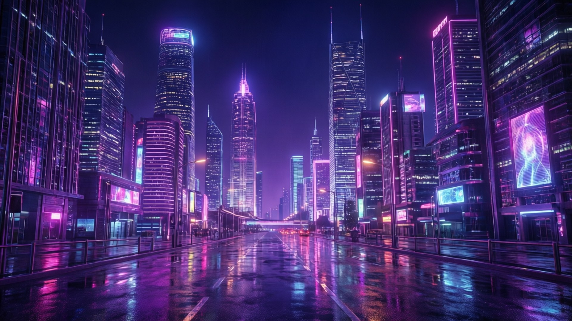 未來主義的城市街道在夜晚，霓虹燈光反射在濕漉漉的路面上。