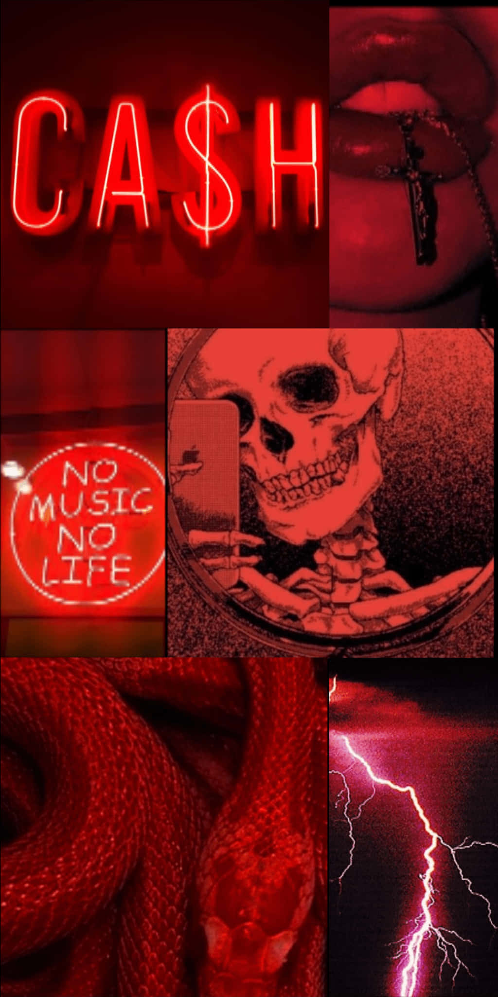 霓虹格紋拼貼美學紅色背景 壁紙 — 一幅以紅色調為主的拼貼畫，包含霓虹燈牌、骷髏頭、蛇和閃電，傳達出前衛的反叛精神。