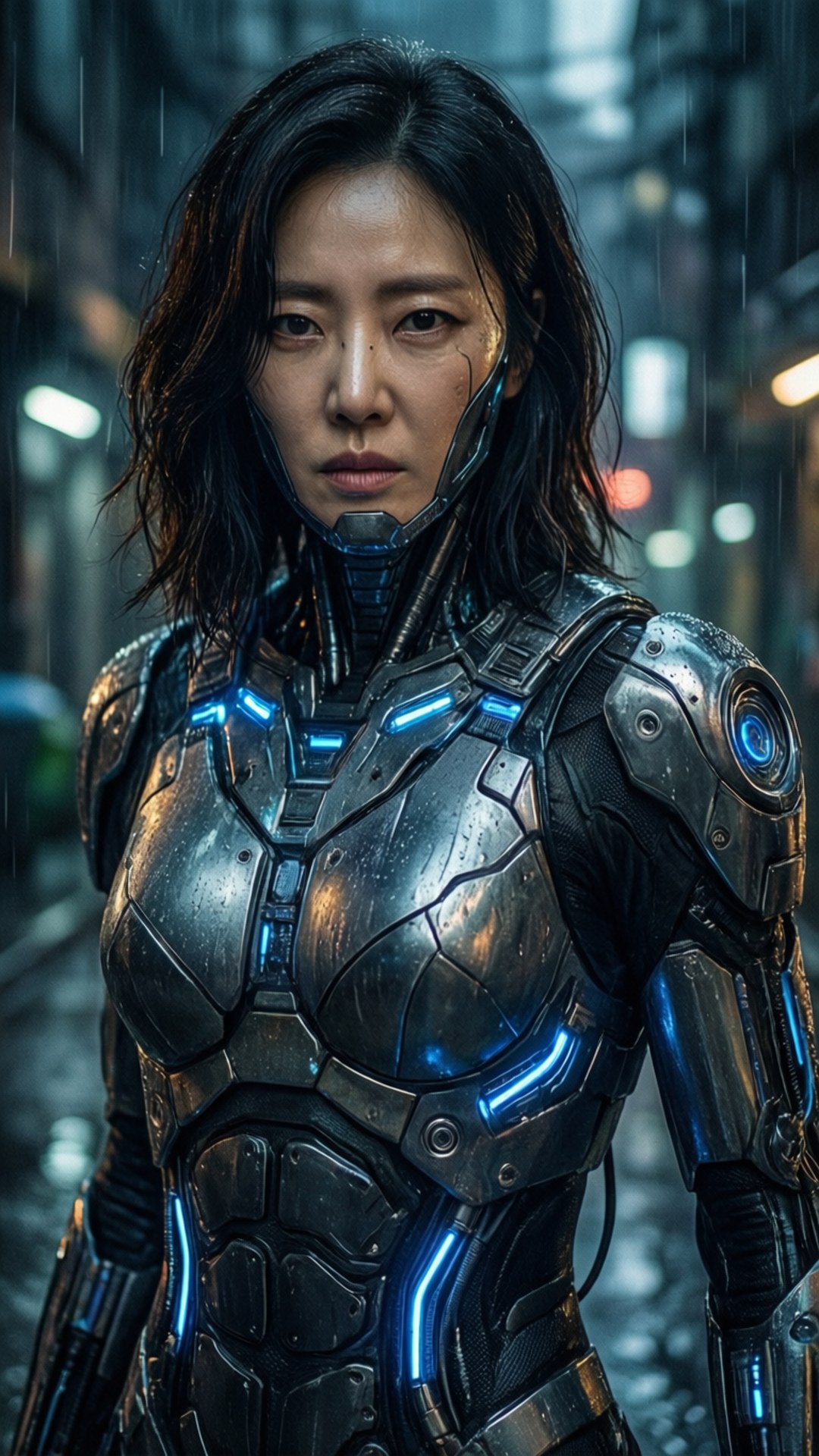 一位身穿未來裝甲服、帶有發光藍光的女性站在夜晚雨中的城市小巷。