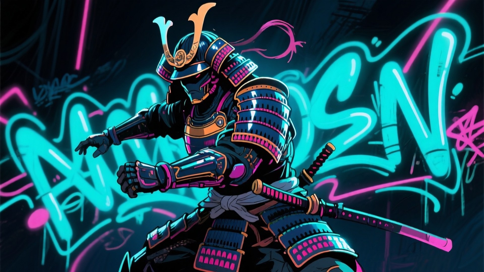 身穿發光盔甲的武士站在藍色和粉色燈光的霓虹塗鴉牆前。