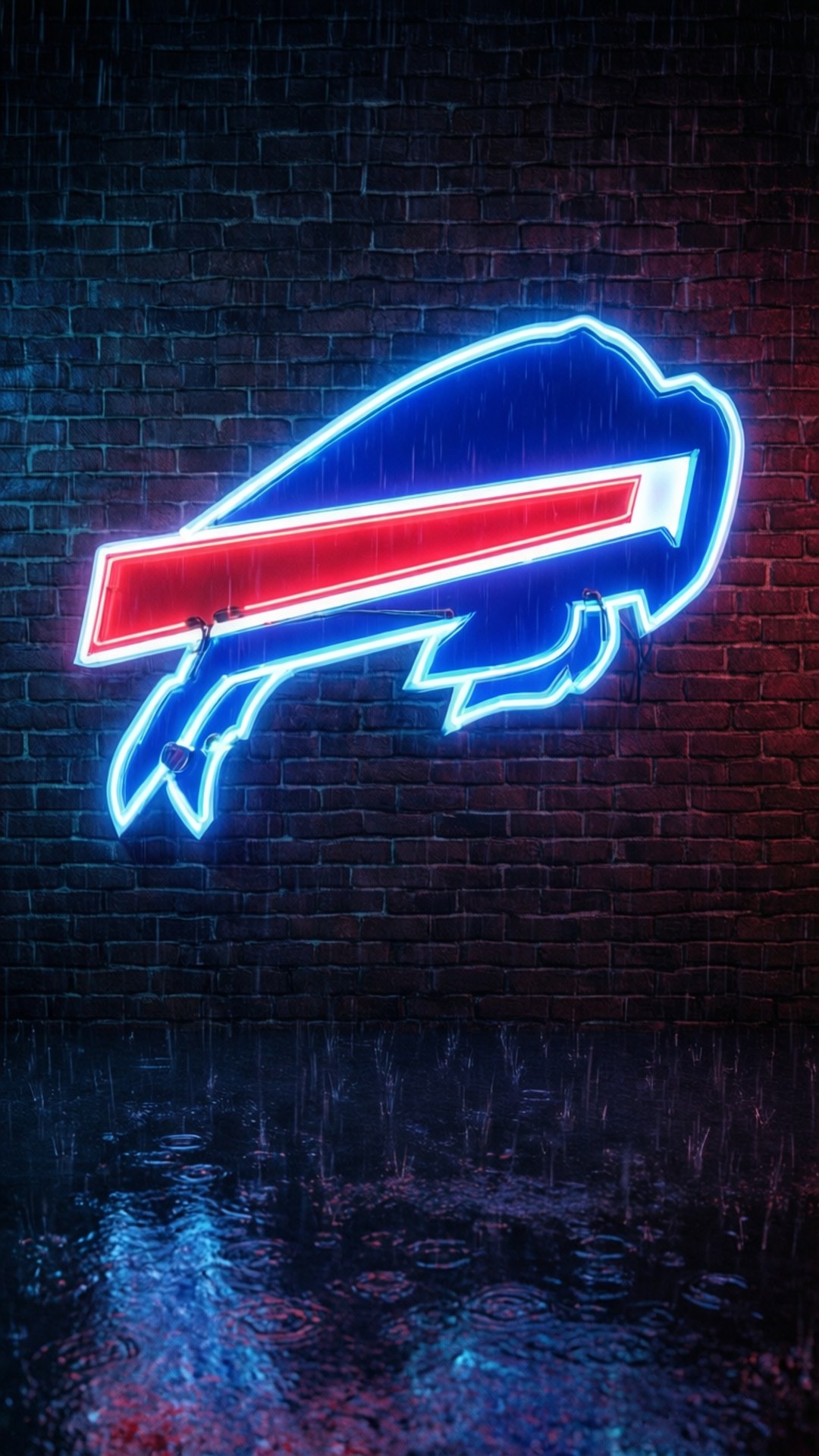 霓虹燈 Buffalo Bills 標誌在雨中的磚牆上發光，帶有水坑倒影。