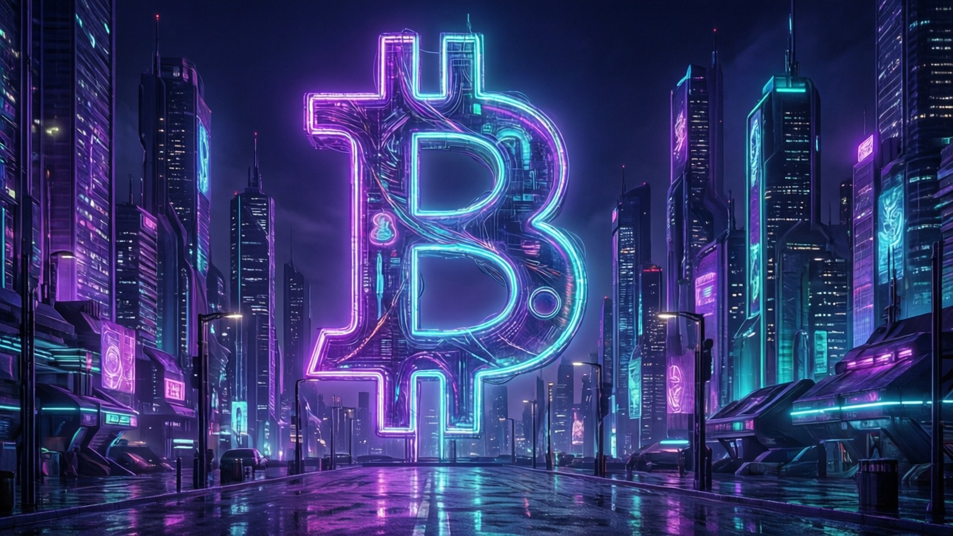 賽博龐克風格的城市景觀，天際線佈滿比特幣符號。