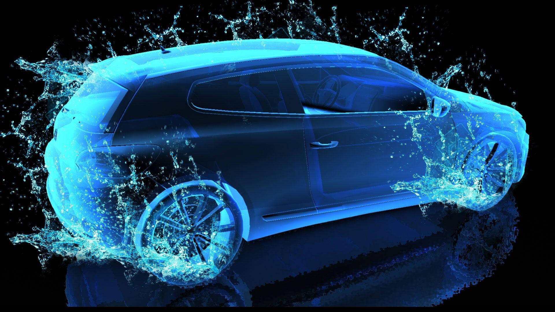 霓虹汽車數位藝術 壁紙 — 一輛時尚的藍色汽車從發光的水花中浮現，背景為黑色。