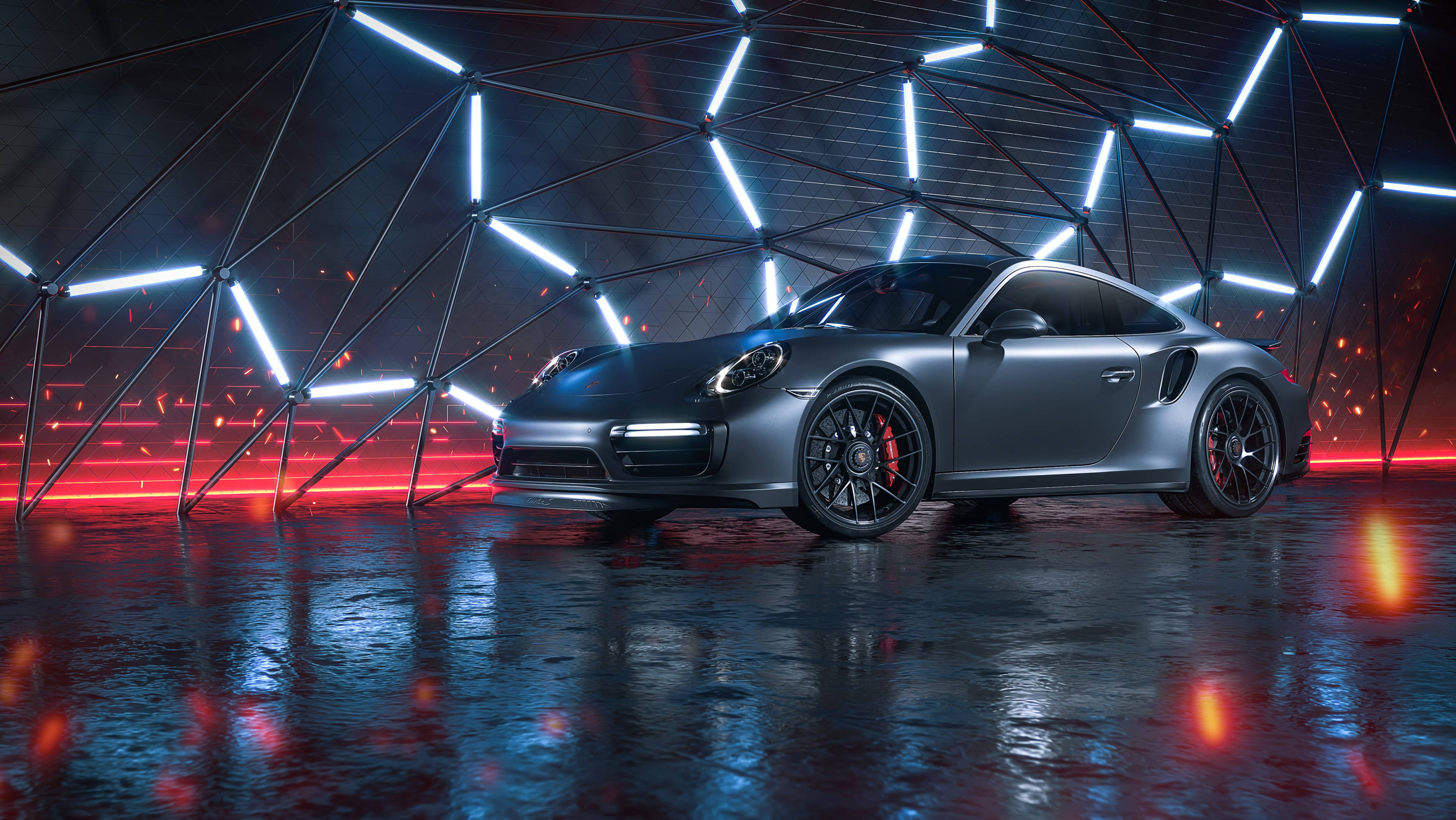 霓虹汽車數位藝術 壁紙 — 一輛時尚的啞光灰色保時捷911 Turbo S在未來主義幾何圓頂中，在霓虹藍光和紅光下閃耀，反射濕潤的地板。